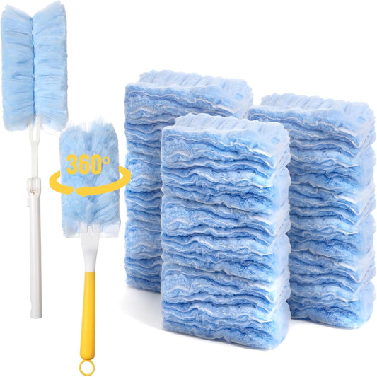 50 Count 360 Heavy Duty Disposable Duster Refills Compatible with Swiffer Multi Surface Feather Dusters Kit with 1 Short Handle and 1 Extenda Handle for Home Cleaning