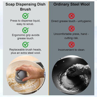 Dish Brush with Soap Dispenser, Steel Wool Scrubber with Replaceable Steel Wool, Pan Scraper and PET Scouring Pad, Wire Brush for Cleaning Cast Iron, Grill Pans, Stock Pots, Grills, Sinks (White)