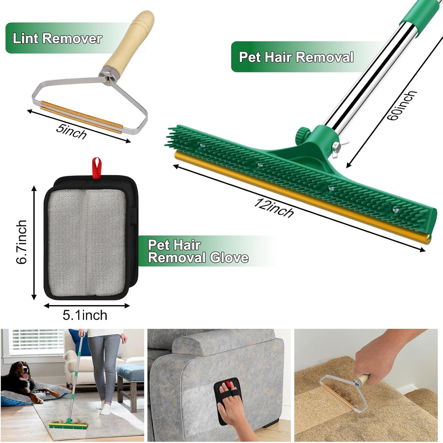 3 in 1 Carpet Rake for Pet Hair Removal, Reusable Pet Hair Remover Broom, 60'' Adjustable Long Handle Dog and Cat Hair Remover Tool Set of 3, Lint Remover Scraper for Carpets, Rugs, Mats, Couch, Car