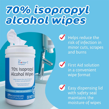 The Pharma-C Company 70% Isopropyl Alcohol Wipes [175ct Wipes] - Large Durable IPA Wipes. First-Aid Antiseptic Wound Cleaner with Moisture Lock Lid.