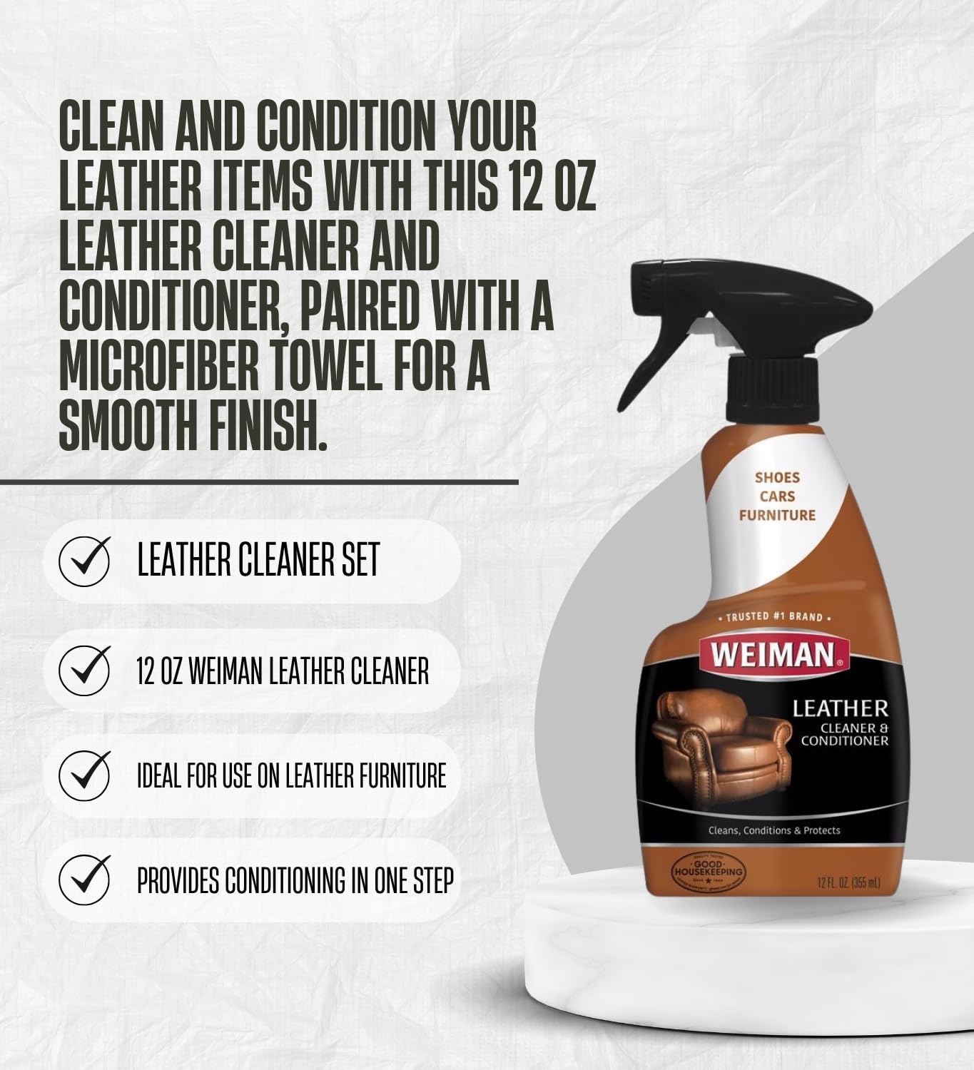 Weiman Leather Cleaner and Conditioner Couch 12 oz Liquid Bundle with Leather Wipes + Microfiber Towel – Cleans, Moisturizes, and Protects Surfaces from UV Damage – Gift Set (3 Items)