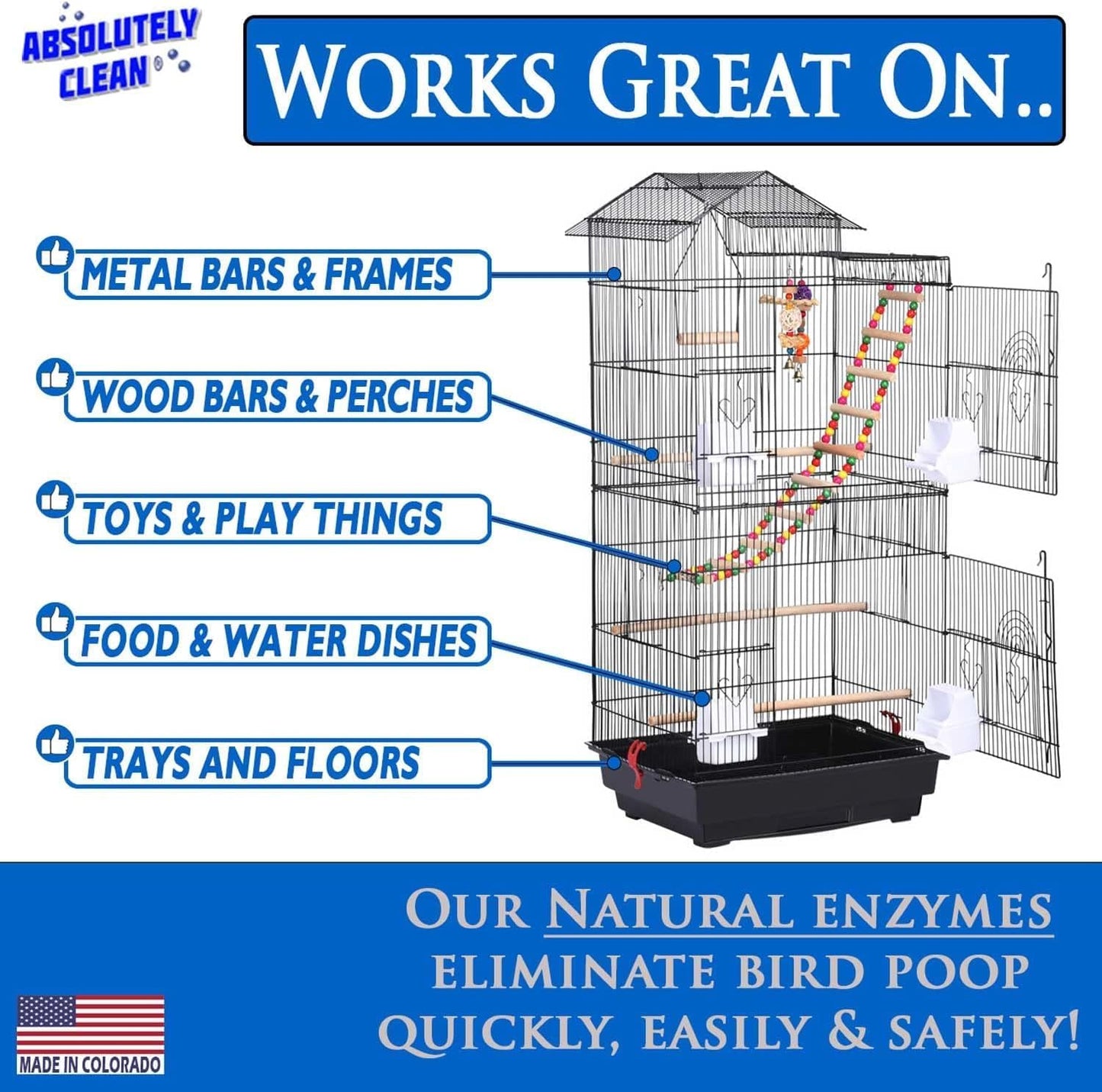 Absolutely Clean Amazing Bird Cage Cleaner and Deodorizer - Just Spray/Wipe - Safely & Easily Removes Bird Messes Quickly and Easily - Made in The US - Fragrance Free (16oz Pack of 1)