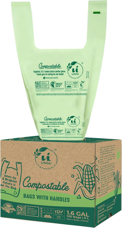 UNNI 13 Gallon Compostable Trash Bags with Tie Handles, 30 Count Small Food Scrap Kitchen Compost Bags for Countertop Bin, Certified by BPI, CMA & OK compost HOME, Meets ASTM D6400