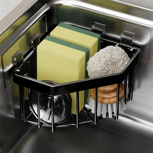 Wall Mounted Sink Caddy Organizer, Carbon Steel Kitchen Sponge Holder with 2 Adhesive Hooks, Triangular Drain Rack, 5.27x5.27x3.54 Inch (Grey)