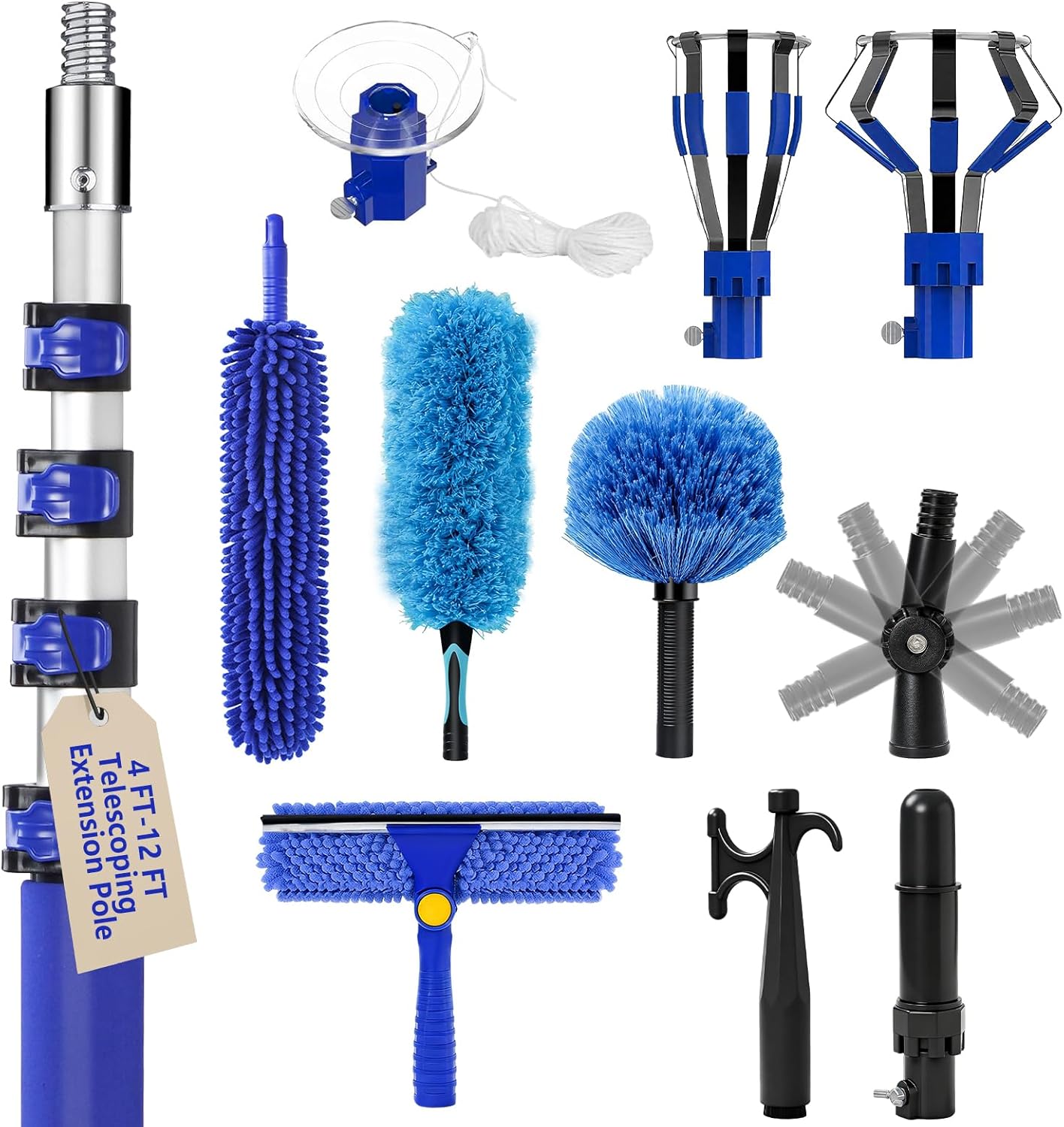 20FT Light Bulb Changer for High Ceilings with 5-12FT Heavy Duty Extension Pole,High Ceiling Fan Duster Extendable Reusable Cobweb,Feather,Window Cleaning Squeegee Kit for Home & House,Interior Roof