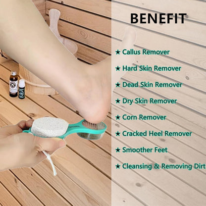 Foot File Callus Remover 5-in-1, 2 Pcs Feet Scraper Pedicure Tools with Pumice Stone, Scrubber Brush, Stainless Steel Foot Rasp and Sand Paper Debris Catcher, Multi Purpose, Cyan