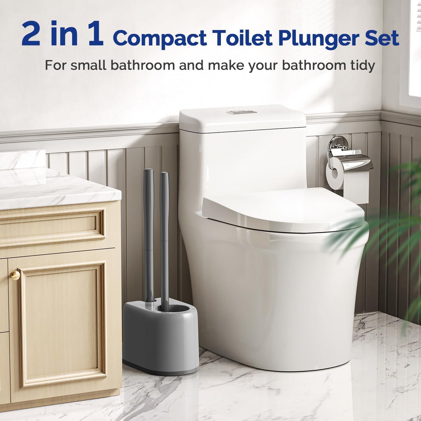 HAMITOR Toilet Plunger Bowl Brush Combo：Heavy Duty Rubber for Drain Clog Remover - Curved Design Bristles for Deep Cleaning Under Rim - Compact Bathroom Cleaning Tools for New Homet Essentials - White