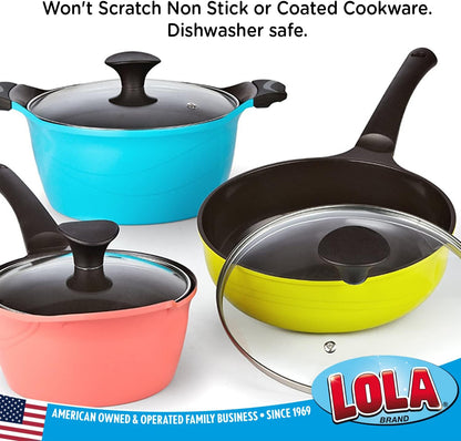 LOLA Plastic Mesh Scouring Pads - 3 Pack, 3.375" x 1.25", Non-Scratch Dish Scrubbers to Clean Dishes, Assorted Colors - Red, Blue & Yellow