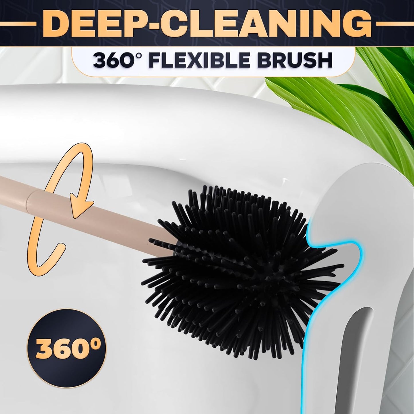 Toilet Brush and Holder Set - Silicone Toilet Brush Cleaner with Dark Grey Holder Base, Compact Accessory for Small Spaces - Easy to Place & Simple to Store After Use, Plastic Bathroom Cleaning Tool