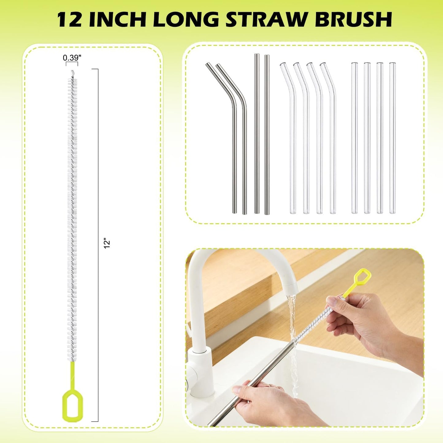 2 Pack 14 Inch Bottle Brush & 12 Inch Straw Brush Cleaner Set - Heavy Duty Kitchen Bottle Brushes for Cleaning Water Bottles, Mugs, Sippy Cups & Tumblers, Lab Use (Large)