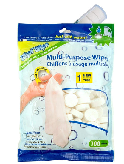 WYSI Multi-Purpose Wipes - Just Add Water - 100 Compressed Tablets & 1 To Go Tube - Multipurpose All Natural Reusable Wipes - Biodegradable Towelettes - Hypoallergenic - Compostable - Scent-Free.