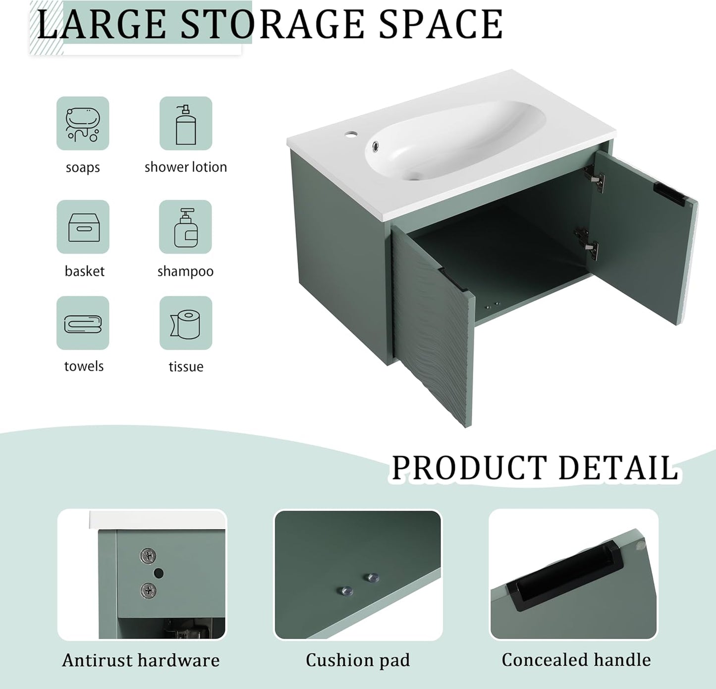 SSLine Modern 24-Inch Bathroom Vanity with Sink Wall Mounted Bathroom Vanity with Top Basin & Storage Cabinet White Wood Floating Vanity w/Ceramic Sink & Gold/Black Handles for Small Space