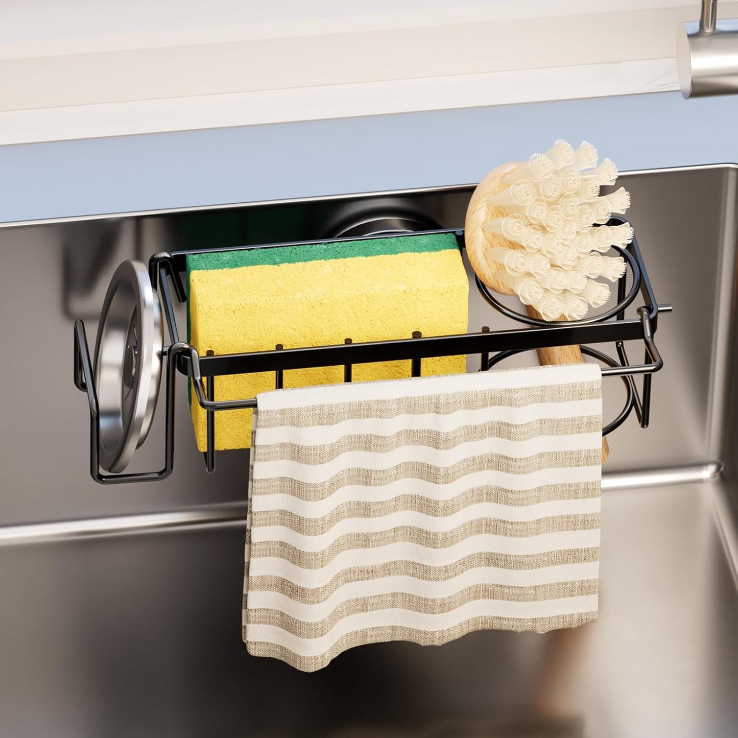 TAILI Sponge Holder for Kitchen Sink with Strong Suction Cup, Rustproof Aluminum Sink Caddy for Sponges, Removable Sponge Holder, Dish Brush for Scraper - Silver