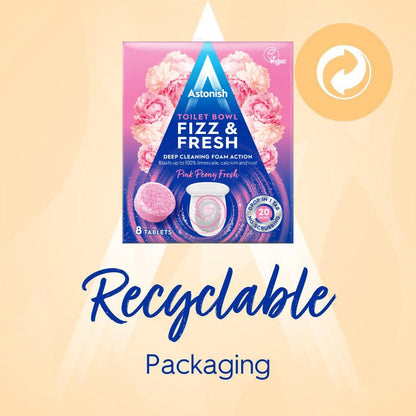Astonish Foaming Pink Peony Toilet Bowl Cleaner - Deep Cleaning Limescale, Calcium & Rust - No Bottle, Removes Hard Stains - Box of 8 Tablets