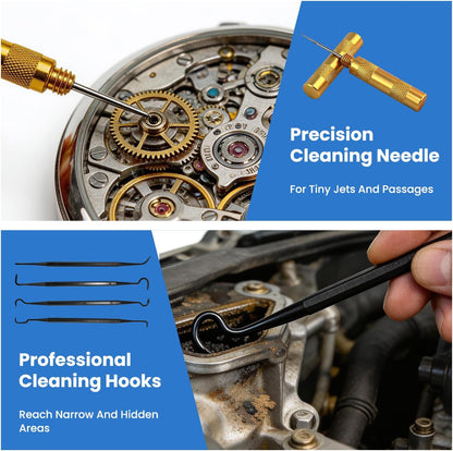 Carburetor Cleaning Kit, 13 Stainless Steel Wires, 10 Needles, 5 Nylon Brushes,1pick, 4 Cleaning Hooks and 1 Hex Wrench 2 Brushes, Tool for Motorcycle, Lawnmower, ATV, Chainsaw, Spray Gun