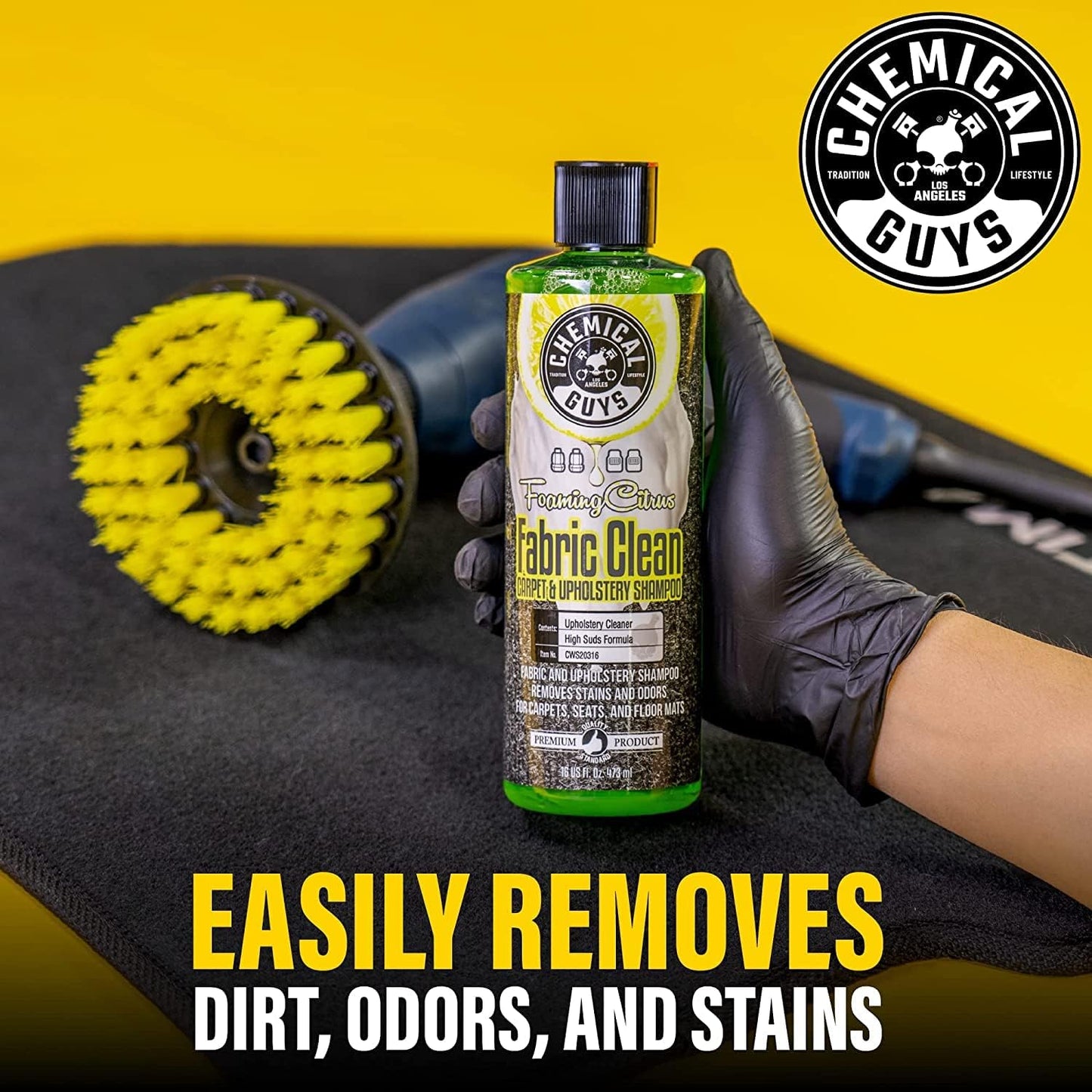 Chemical Guys Foaming Citrus Fabric Clean Drill Brush Kit - High Foaming Stain and Odor Remover, Upholstery, Floor Mat & Car Carpet Cleaner, Deep Cleans & Deodorizes, Citrus Scent - 16 fl oz