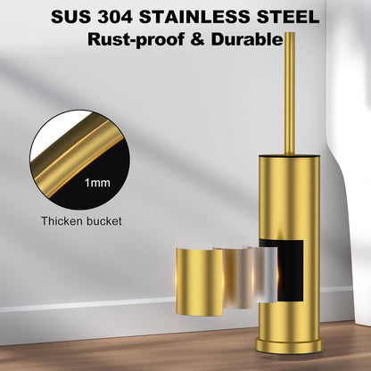 Bronze Toilet Brush and Holder Set，Stainless Steel Heavy Duty Toilet Bowl Brush，Extra Long Handled Modern Toilet Cleaner Brush, Removable Inner Bowl, and Splash Protection