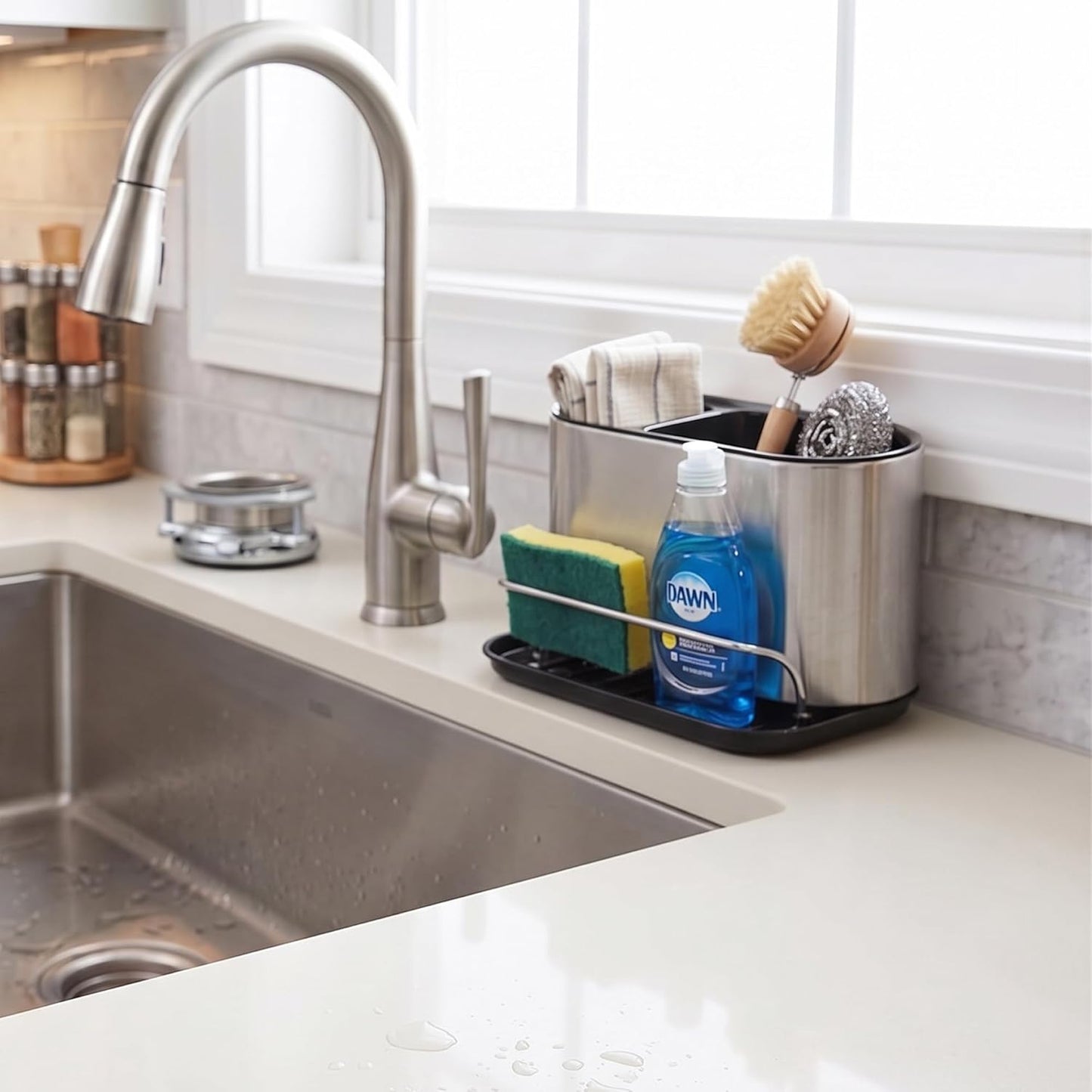 Stainless Steel Sink Caddy Sponge Holder Organizer Tidy Drains Water Dish Brush Holder for Kitchen Counter