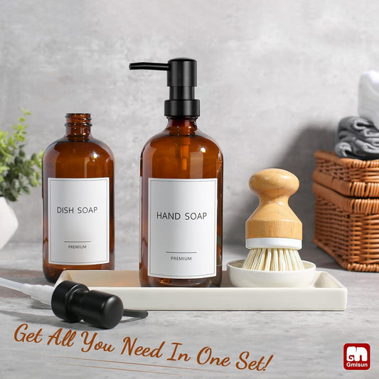 GMISUN Kitchen Soap Dispenser Set, 16 Oz Hand and Dish Soap Dispenser with Ceramic Tray & Bamboo Dish Brush, 2 Pack White Glass Liquid Pump Bottle, Modern Farmhouse Refillable Dish Soap Bottle