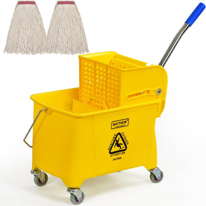 Matthew Cleaning 34 Quart Commercial Mop Bucket INCL.Wet String Mop with Side Press Wringer On Wheels,Heavy Duty Tandem Portable Floor Cleaning Wavebrake,Ideal for Household,Industrial,Restaurant