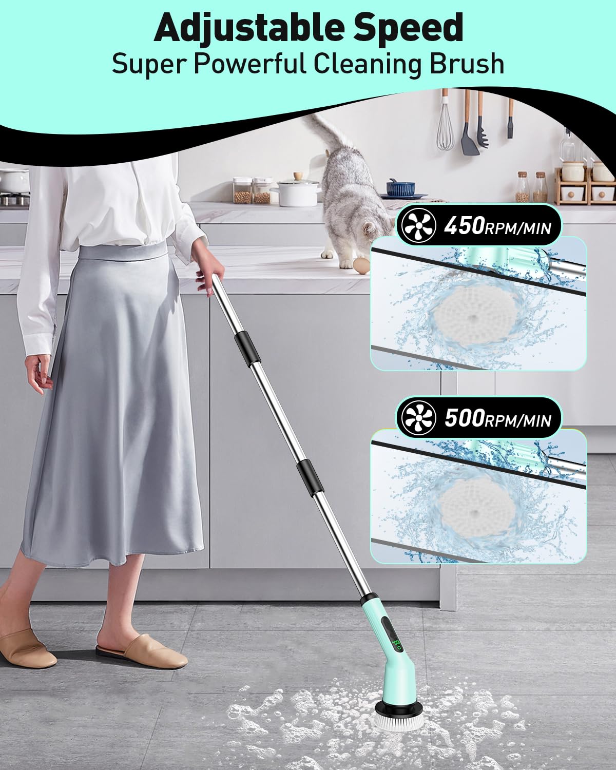 Electric Spin Scrubber for Cleaning Bathroom, Shower Scrubber Cordless Cleaning Brush with IPX7 Waterproof & 2 Speed, 3 Brush Heads, Bathroom Cleaning Supplies for Shower Tub Kitchen Tile Toilet White