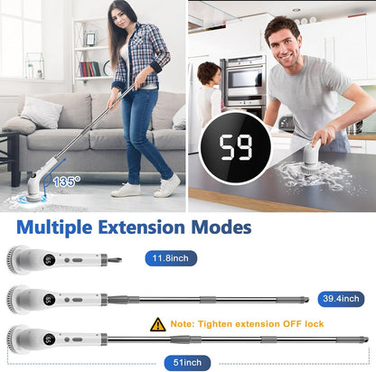 qimedo 5000mAh Battery Electric Spin Scrubber Q4, Handheld Scrubber for Cleaning with Display, Power Dish Scrubber with 5 Heads, Shower Cordless Cleaning Brush for Bathroom/Sink/Window