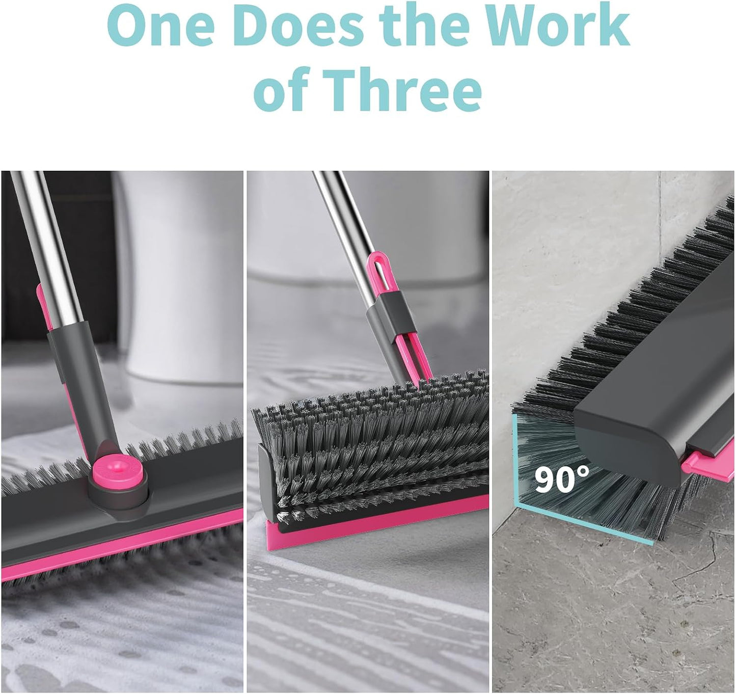 Floor Scrub Brush with Long Handle, 3 in 1 Scrape and Heavy-Duty Stiff Bristle Scrubber Brush for Cleaning Shower Bathroom, Patio, Pool, Garage, Kitchen, Wall and Deck (White, 1 Pack)
