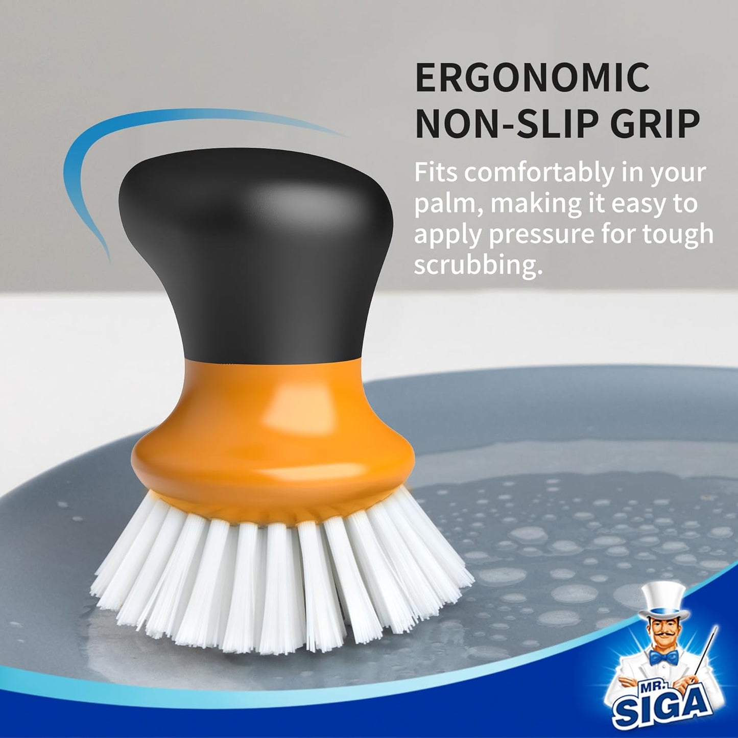 MR.SIGA Dish Scrub Brush, Palm Brush Dish Scrubber with Ergonomic Grip, Kitchen Brushes for Dishes, Gray, Pack of 2