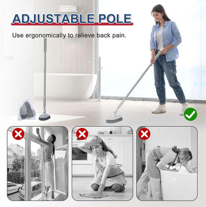 Tile Tub Floor Cleaner Scrubber With Long Handle - 5-in-1 Shower Brush Set for Bathroom, Kitchen, Walls, Sink - Includes Window Scraper and 3 Detachable No Scratch Heads