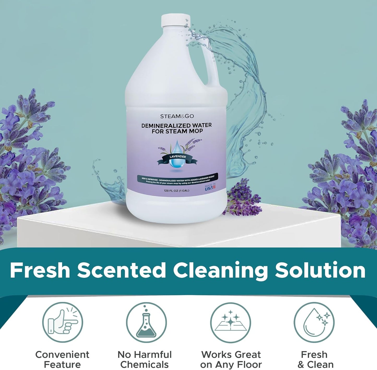 Steam & Go Demineralized Water for Steam Cleaner - PVC-Free Floor Cleaning Solution Compatible for All Steam Mops - Multi-Surface Cleaner for Home Surfaces - Lavender Scent, 32 oz