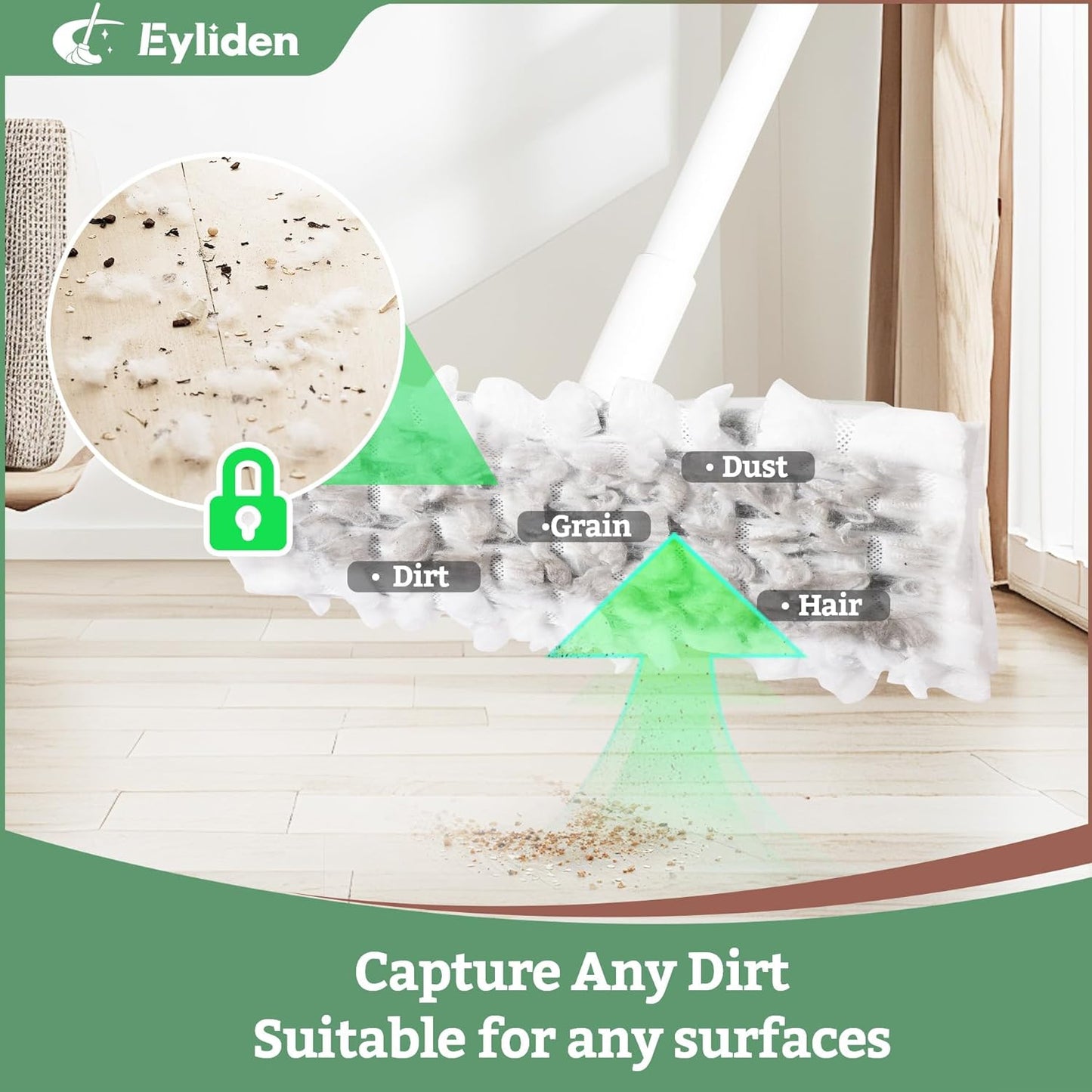 Eyliden Dust Mop, Sweeping & Mopping Kit with 58" Extended Long Handle, 36 Disposable Dry Cloths, Multi Surface Sweeper Mops for Hardwood, Tile, and Vinyl Floor Cleaning, Iron Handle, White