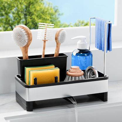 Laveshop Sponge Holder for Kitchen Sink, Rustproof Stainless Steel Sink Caddy with Auto-Drain, Removable Brush Holders, Soap and Dishcloth Organizer, Black