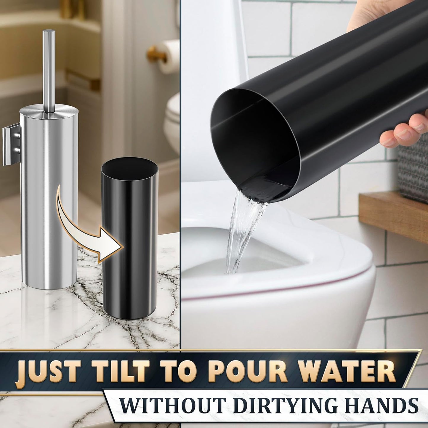Stylish Stainless Steel Toilet Brush and Holder Set - Silver Toilet Bowl Brush and Holder with Splash Cover, Sturdy Bristles, Corrosion & Scratch Resistant - Elegant Design, Effective Deep Cleaning
