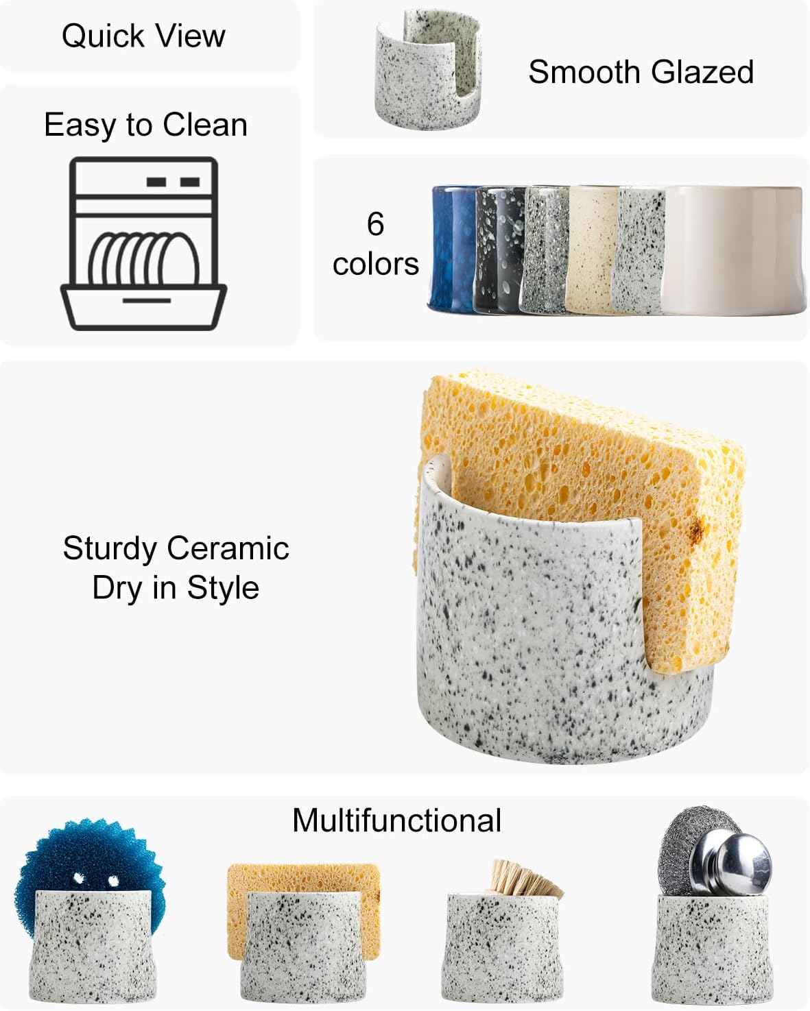 Zoeeker Sponge Holder for Kitchen Sink, Ceramic Dish Sponge Dish Rack Scrubby Caddy Kitchen Organizer Cute Sink Caddy Organizer, Farmhouse Decor, Speckled Glaze
