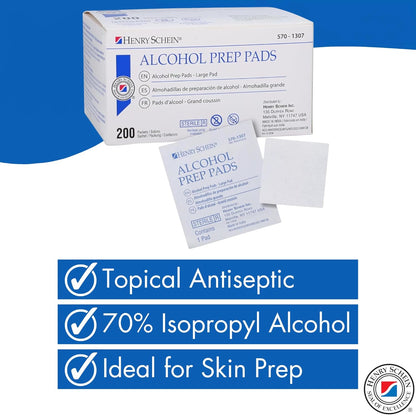 Henry Schein Large Alcohol Prep Pads (200/Box) - 70% Isopropyl Alcohol Wipes, Individually Wrapped - 2 ply, Textured - Skin Prep Alcohols Swabs - Sterile Pads