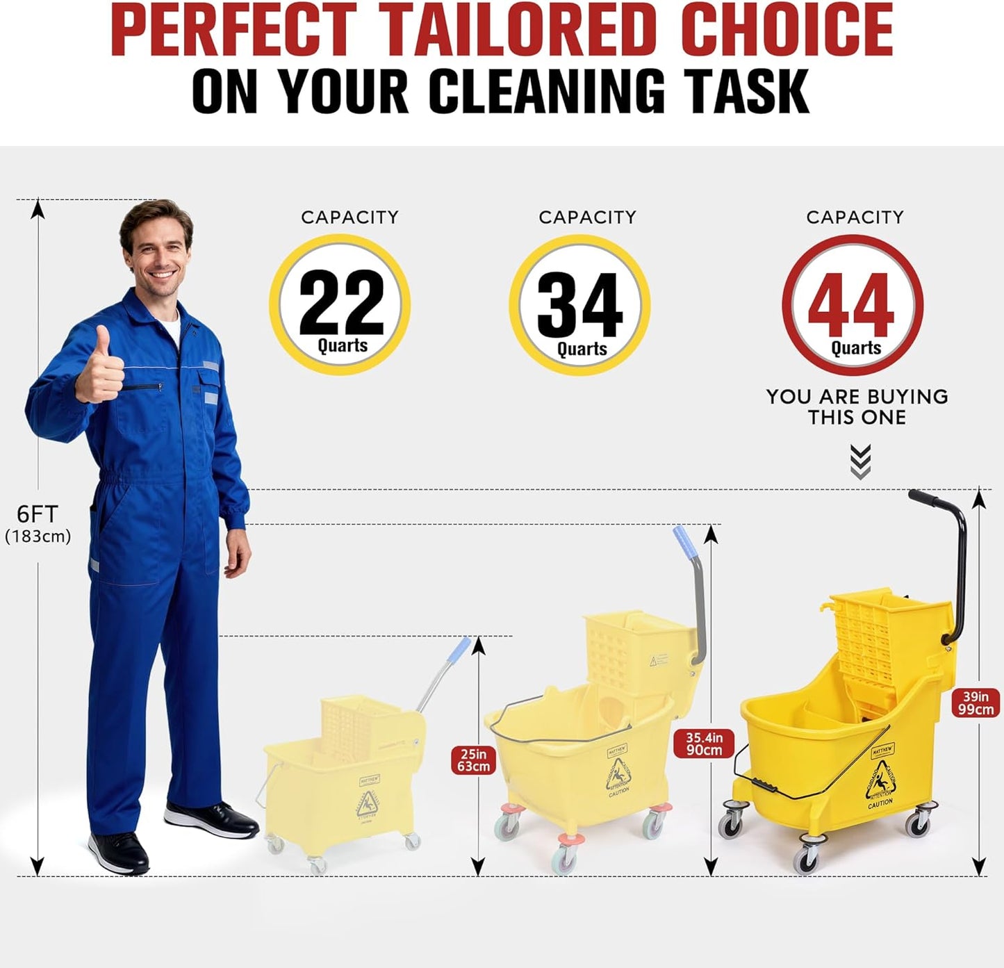 Matthew Cleaning 34 Quart Commercial Mop Bucket INCL.Wet String Mop with Side Press Wringer On Wheels,Heavy Duty Tandem Portable Floor Cleaning Wavebrake,Ideal for Household,Industrial,Restaurant