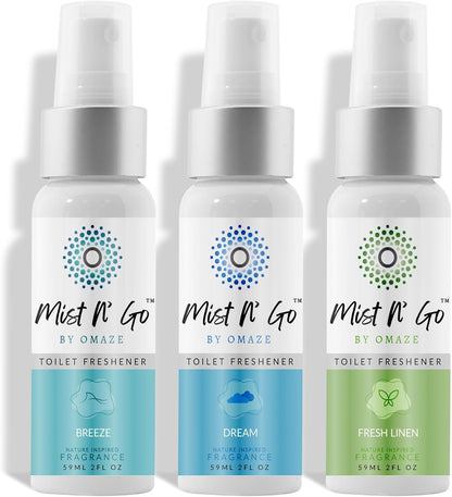 Mist N’ Go by Omaze Travel Bathroom Spray for Toilet Spray Odor Eliminator - Travel Toilet Spray for Bathroom Air Freshener Spray for Bathroom Deodorizer - Clean Mix, Travel Size (1oz x2)