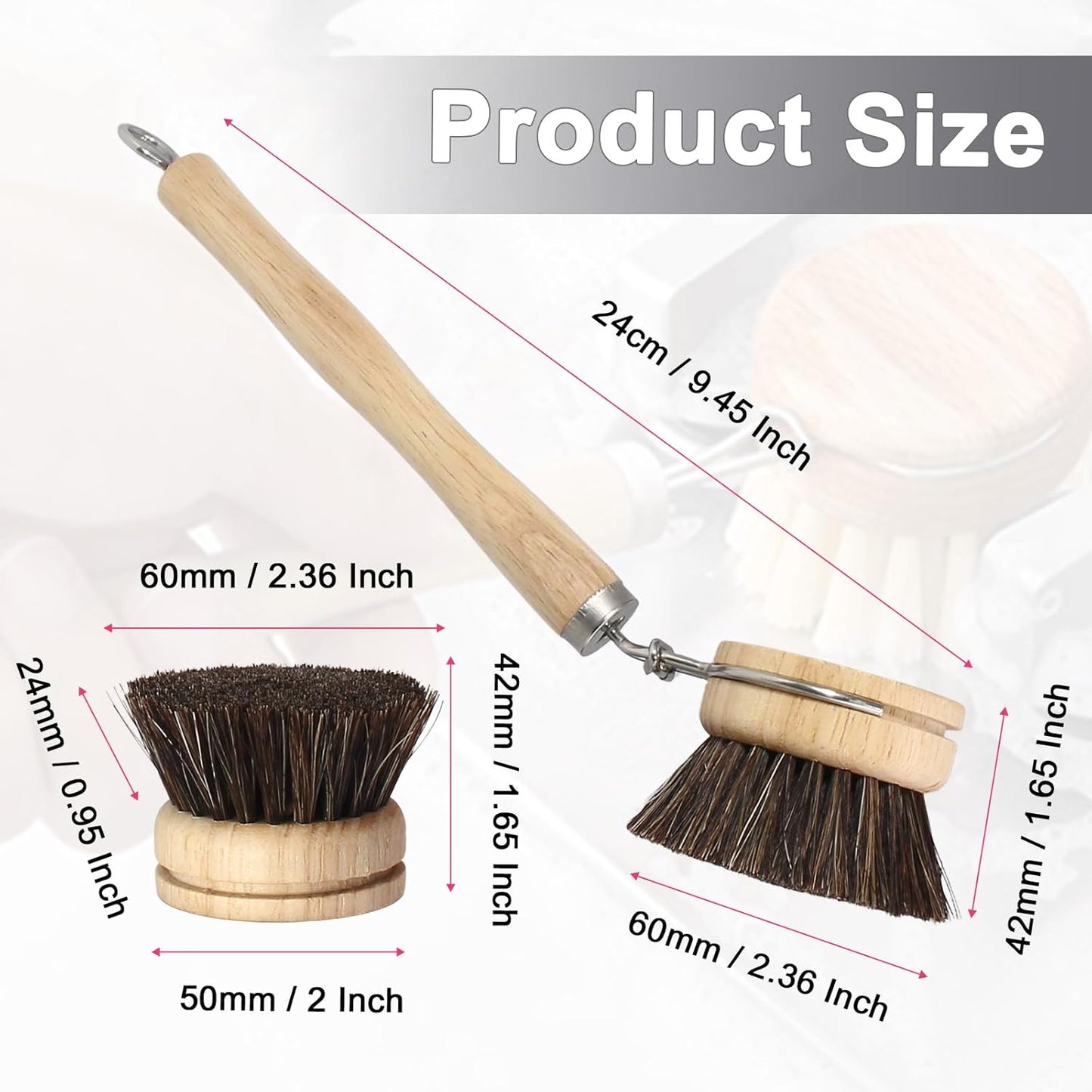 Wooden Dish Brush Set, 4 Natural Bristle Replacement Heads with 1 Sturdy Wooden Handle, Sisal Kitchen Scrub Brush for Pots, Pans, Vegetables and Cookware
