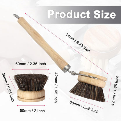 Wooden Dish Brush Set, 4 Natural Bristle Replacement Heads with 1 Sturdy Wooden Handle, Sisal Kitchen Scrub Brush for Pots, Pans, Vegetables and Cookware