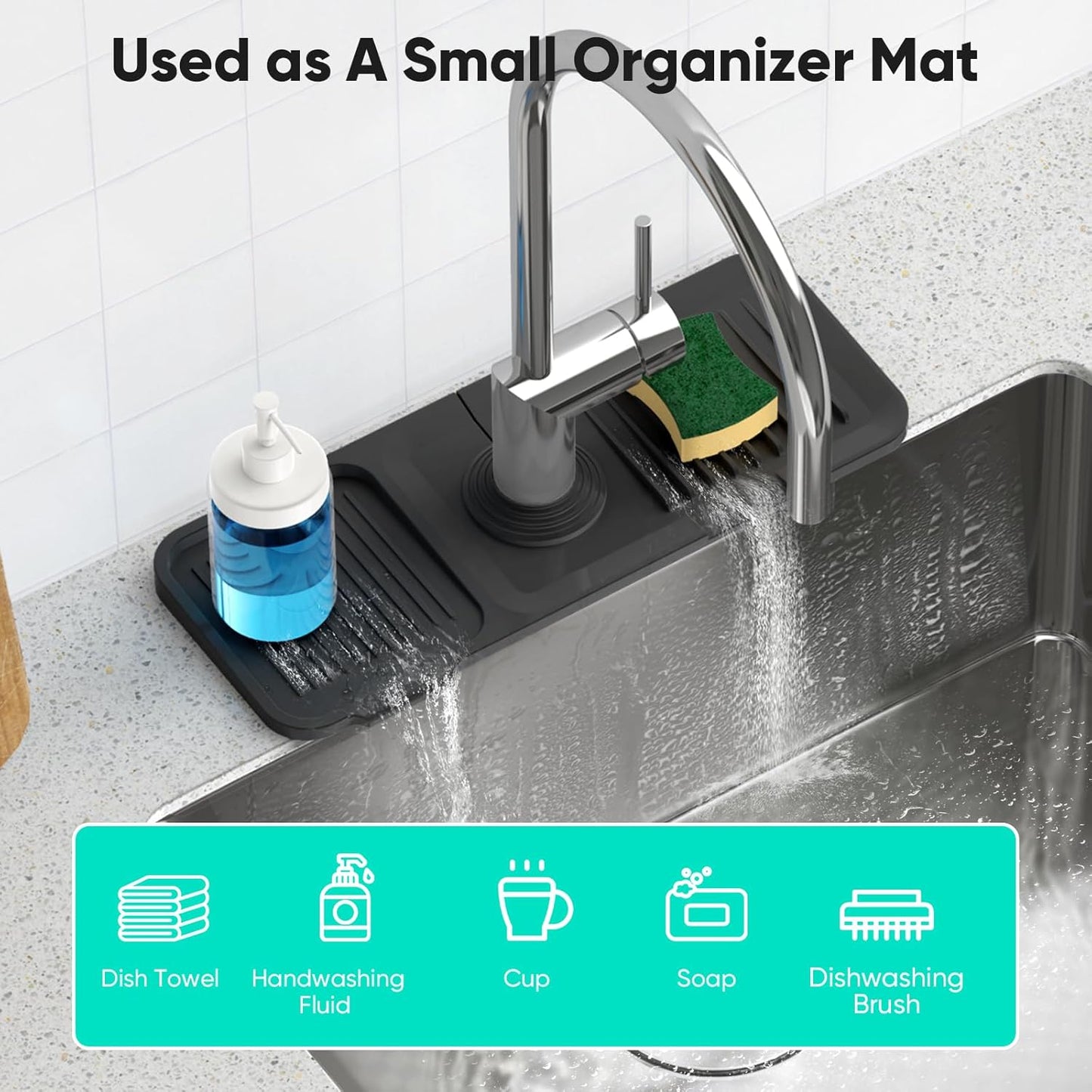 24 Inch Longer Faucet Mat for Kitchen Sink, 5° Slope Fast Self-draining, Kitchen Sink Splash Guard Silicone Sink Faucet Mat Splash Guard Kitchen Sink Area Tidy Splash Faucet Guard Draining Mat