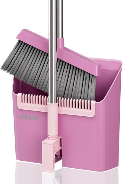 JOYMOOP White Broom and Dustpan Set, Upright Angle Design with Built-in Comb Teeth for Kitchen, Office, Pet Hair, Hard Floors