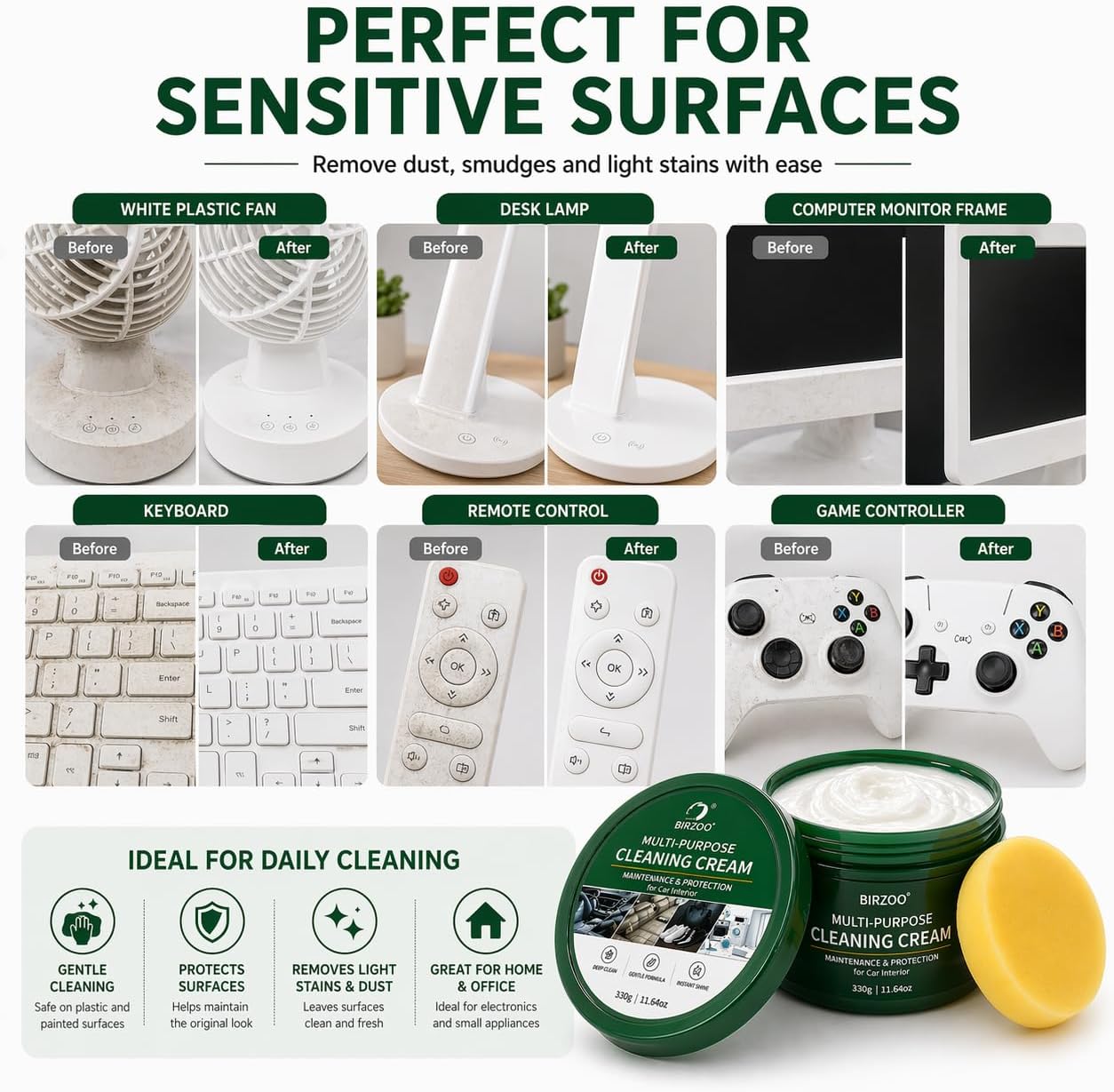 Multi Purpose Cleaning Cream, Waterless No Spray Cleaning Paste for Electronics, Small Appliances & Leather Surfaces, with Sponge and Cloth, 330g (11.64 oz)