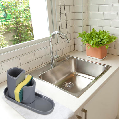 Geelin 3 in 1 Ceramic Kitchen Sink Caddy Dish Sponge Holder Scrub Brush Holder and Soap Tray for Kitchen Organizer White Rustic Farmhouse Supplies(White)