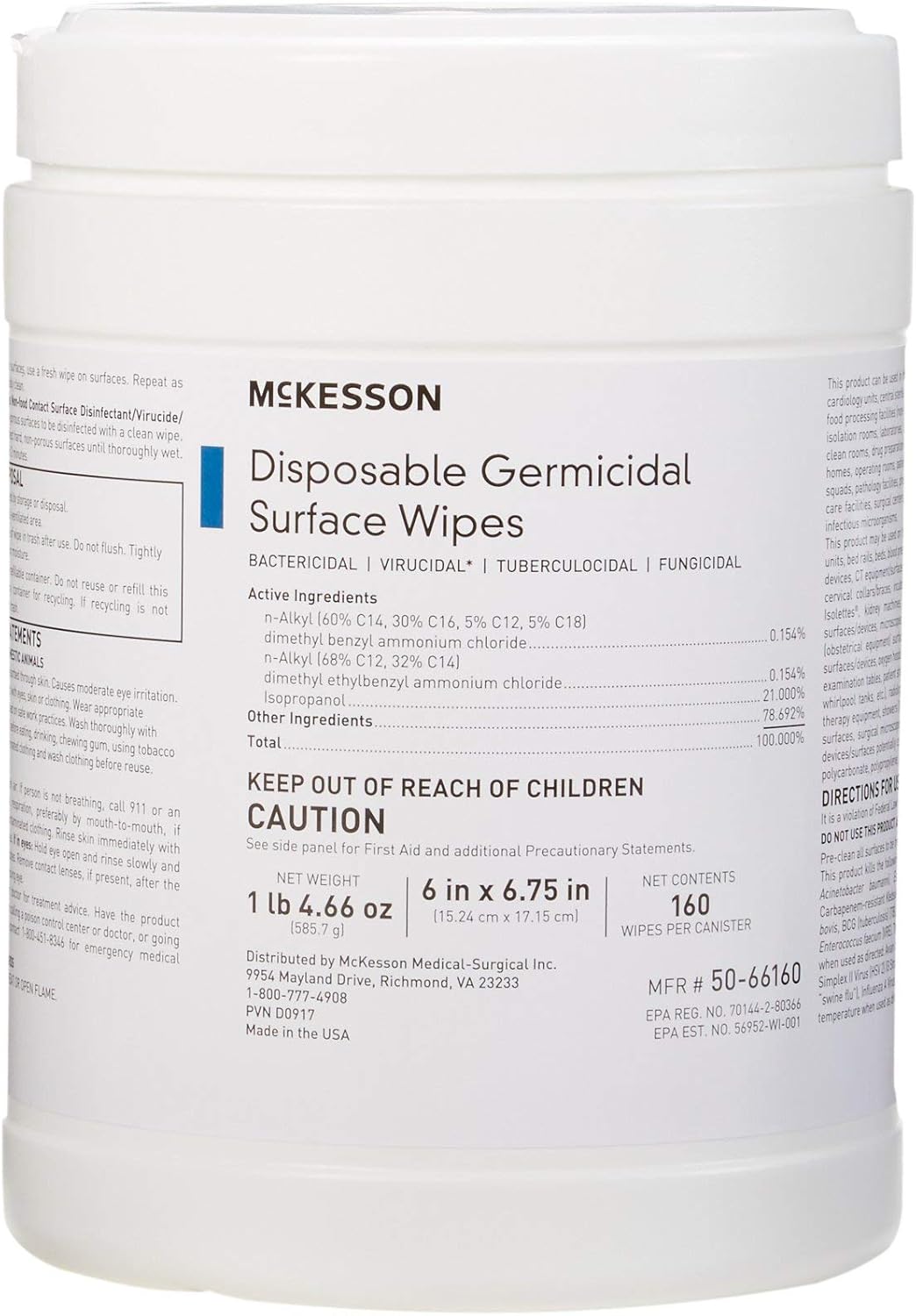 McKesson Germicidal Wipes [480 Count] Disinfecting Wipes, Alcohol Cleaning Disinfectant Wipes, Hospital Grade Multi-Surface Wipes, 160 Wipes, 3 Pack