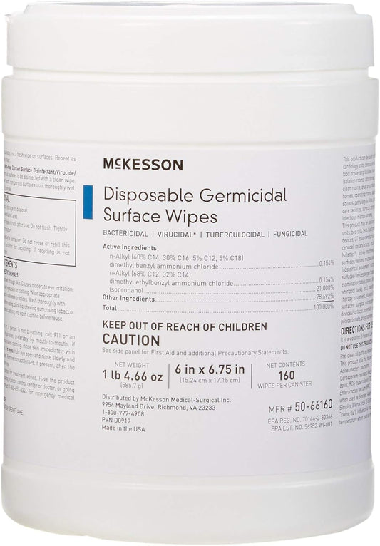 McKesson Germicidal Wipes [480 Count] Disinfecting Wipes, Alcohol Cleaning Disinfectant Wipes, Hospital Grade Multi-Surface Wipes, 160 Wipes, 3 Pack