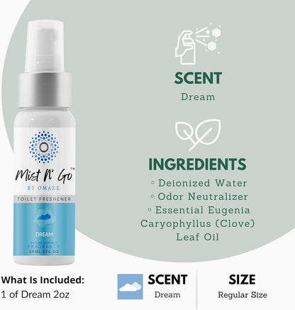 Mist N’ Go by Omaze Travel Bathroom Spray for Toilet Spray Odor Eliminator - Travel Toilet Spray for Bathroom Air Freshener Spray for Bathroom Deodorizer - Clean Mix, Travel Size (1oz x2)