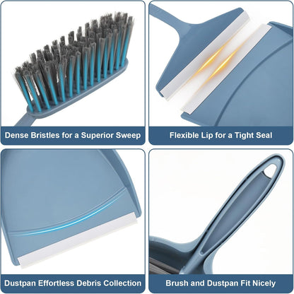 Small Hand Broom with Dustpan Combo Set,Mini Dust Pan and Brush Set with a Scraper Squeegee for Quick Cleanups,3-Piece Wall Mountable Cleaning Tools for Particles,Little Messes,Hair,Crumb