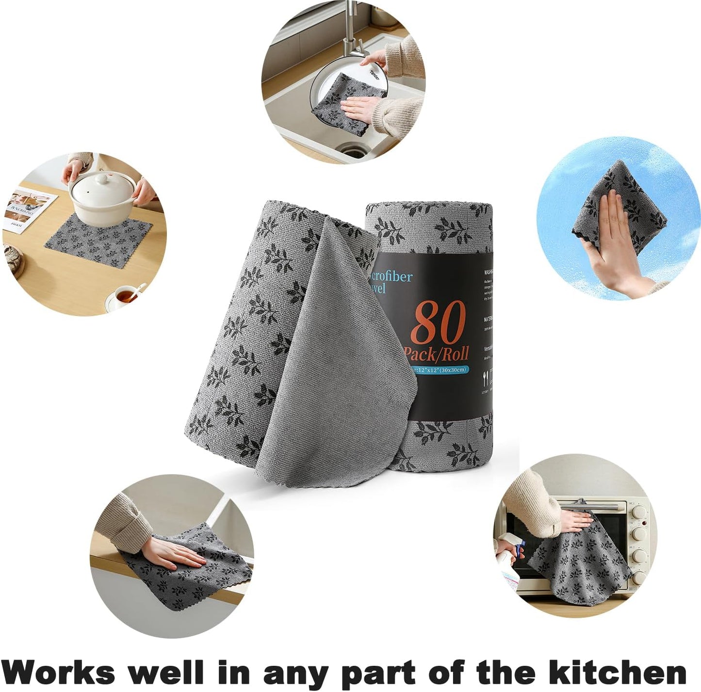 Microfiber Cleaning Cloth Roll,80 Pack Cleaning Towels,Lint Free Rags Paper Towels & Tear Away Reusable Towels,Washable Shop Rags Floral Wipe Cloth,Wash Cloths Dish Rags for Car Kitchen Window