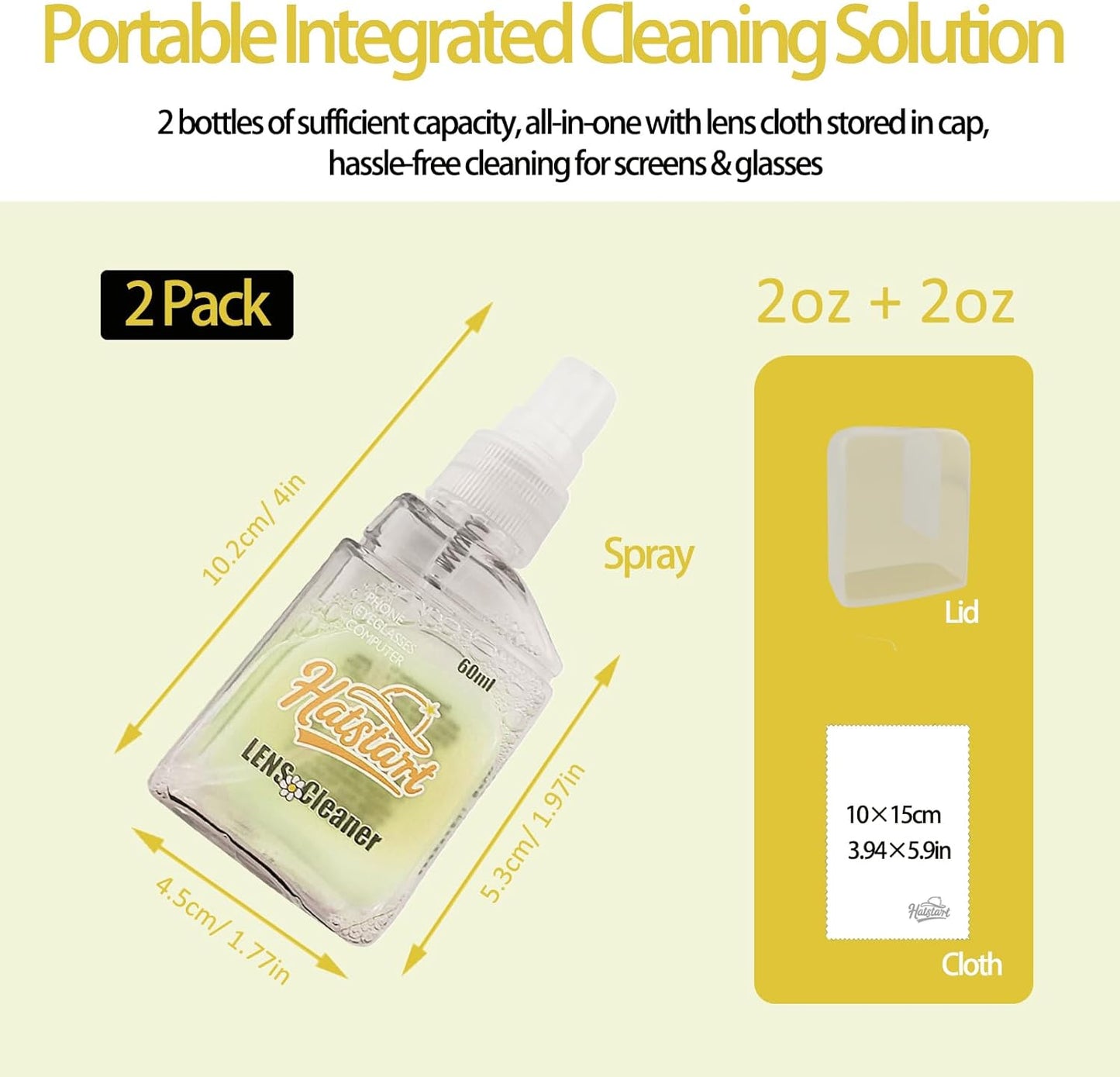 2-Pack Eye Glasses Cleaner Spray, Travel-Sized Screen Cleaning Kit with Touchscreen Mist for iPhone, Sunglasses, Computer, Laptop Screens, Phone Electronics with Eyeglass Cloth and Case Lid - Hatstart