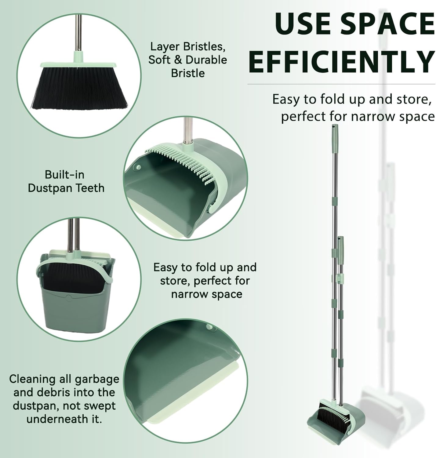 YZO Broom and Dustpan Set, 54.33 Inch Long Handle Standing Design, Dustpan Front Rubber Tight Seal, Broom with 5 Layer Bristles, Suitable for Living Room, Bedroom, Yard, Office and Apartment(Green)
